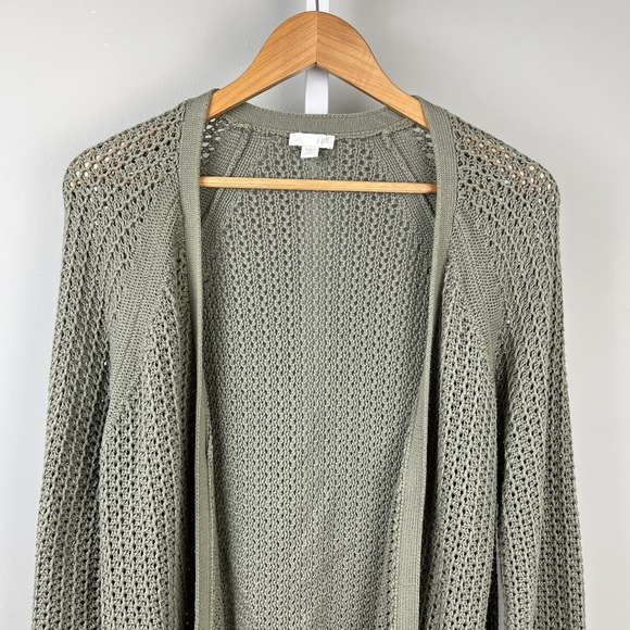 J. Jill Open Front Cardigan Sweater Womens Medium Green Open Knit Cotton Blend - Picture 2 of 7